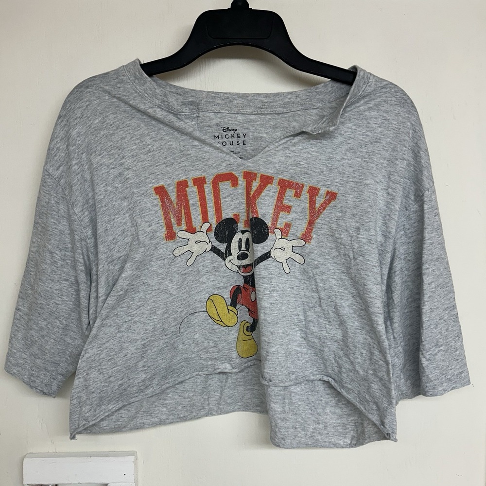 Disney Mickey Mouse Cropped T-Shirt Womens Medium Gray V Neck Graphic Tee